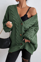 V-Neck Vintage Cable Knit Balloon Sleeve Cardigan image 7