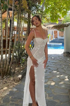 French 3D Floral Strap Waist-Cinched Split Maxi Dress image 2