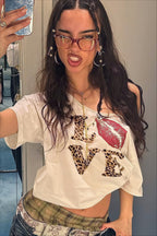 Street Style Leopard Letter Print V Neck Sexy Crop Top T-shirt image 1