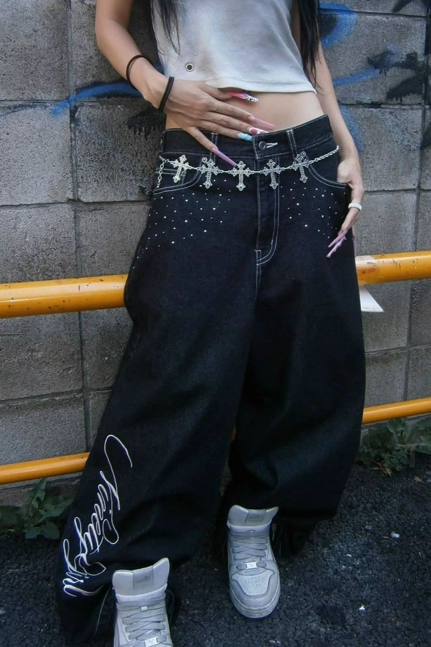 Angel Wing Embroidery Rhinestone Straight Jeans image 1