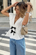 Bow Short Sleeve Casual Open Blouse image 1