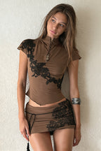 Stand Collar Hollow Lace Patch Skirt Set image 1