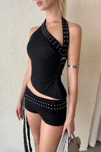 Chic Asymmetric Shoulder Slim Shorts Two Piece Set image 2