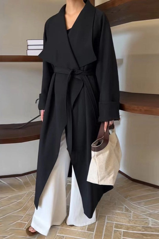 Korean Hepburn Lazy-Chic Belted Waist-Tie Long Overcoat image 2