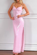 Pink Sequin V-Neck Slit Party Dress image 1