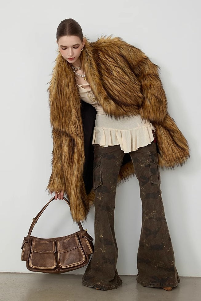 Plush Faux Animal Fur Loose Warm Mid-Length Notch Collar Coat image 4