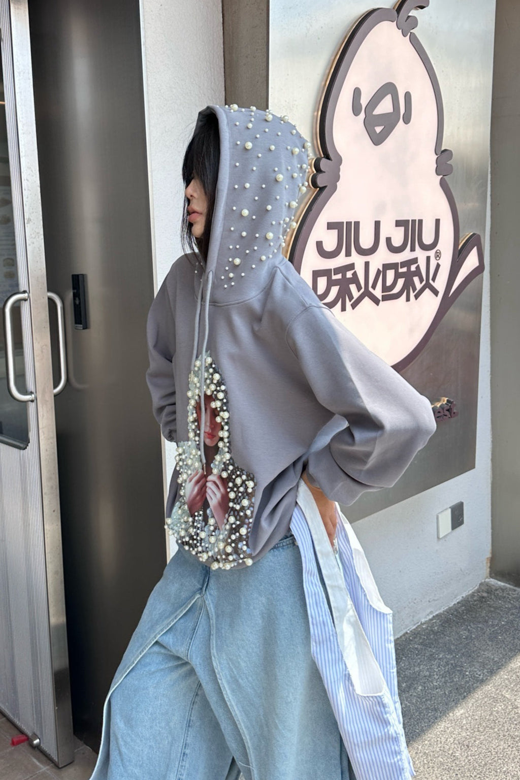 Beaded Graphic Print Edgy Streetwear Hooded Oversized Hoodie image 2