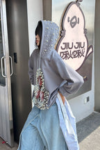 Beaded Graphic Print Edgy Streetwear Hooded Oversized Hoodie image 2