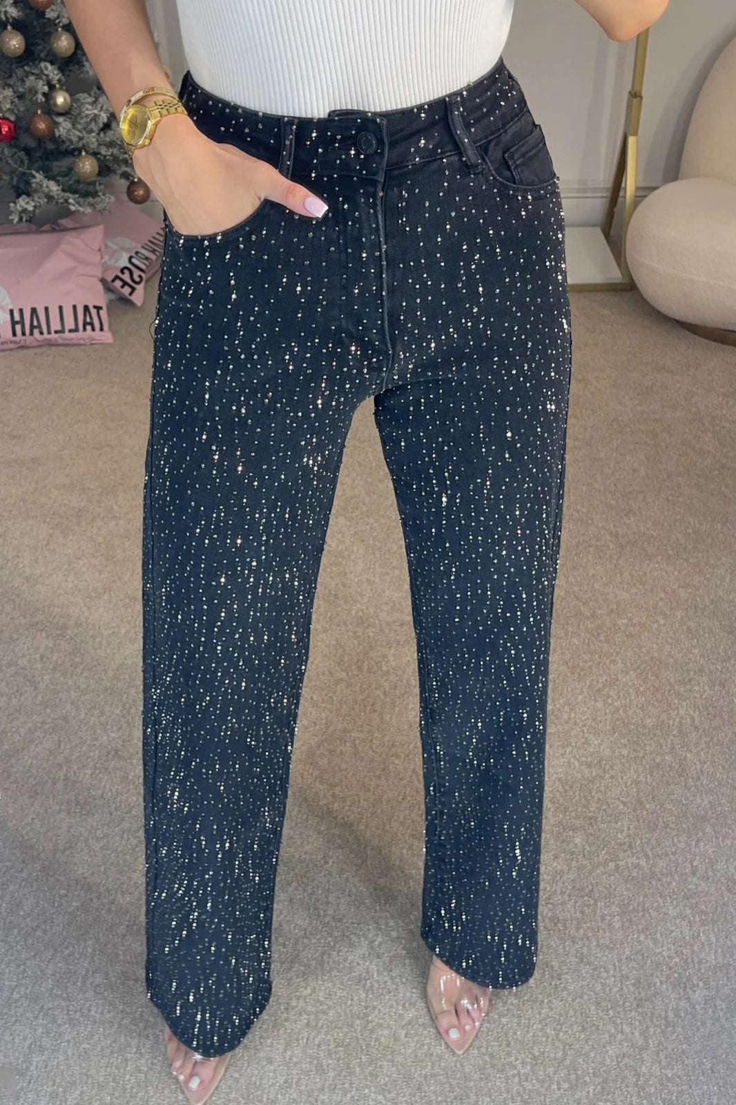 Rhinestone Washed High Waist Jeans image 5