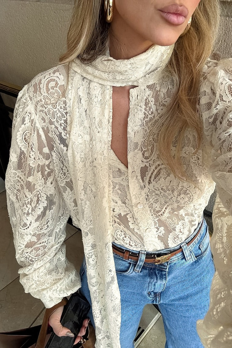 Elegant Tie Sheer Lace Long Sleeve Blouse image 8