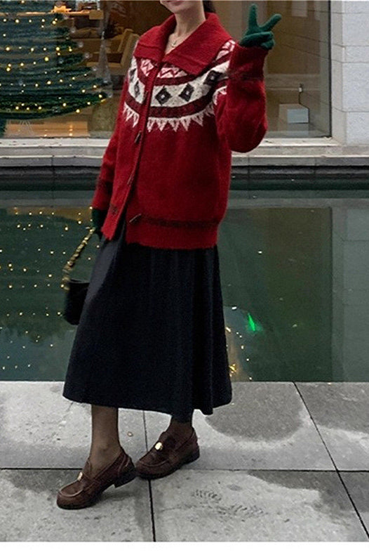 Jacquard Collar Horn Button Retro Loose Knit Cardigan image 4