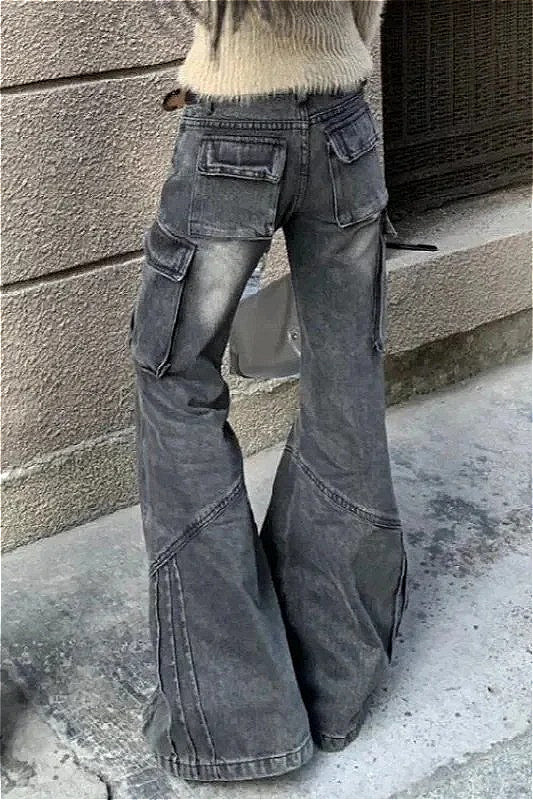 Black Pocket Design Low Waist Workwear Jeans image 3