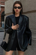 Black PU Leather Blazer Jacket image 7