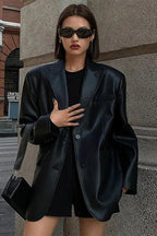 Black PU Leather Blazer Jacket image 7