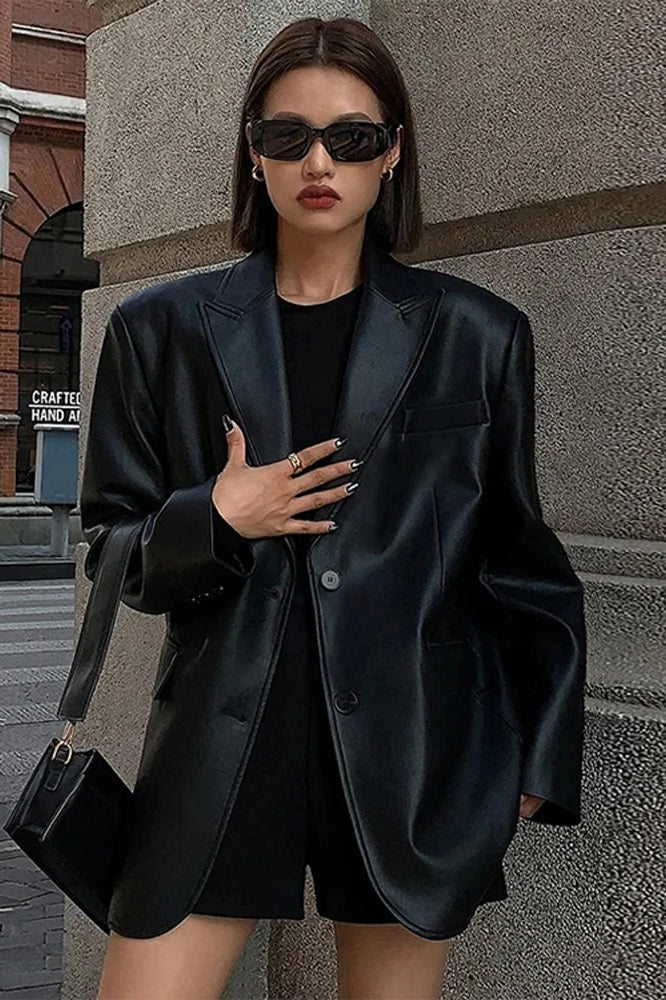 Black PU Leather Blazer Jacket image 7
