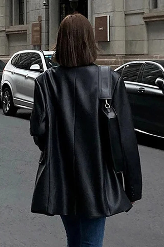 Black PU Leather Blazer Jacket image 12