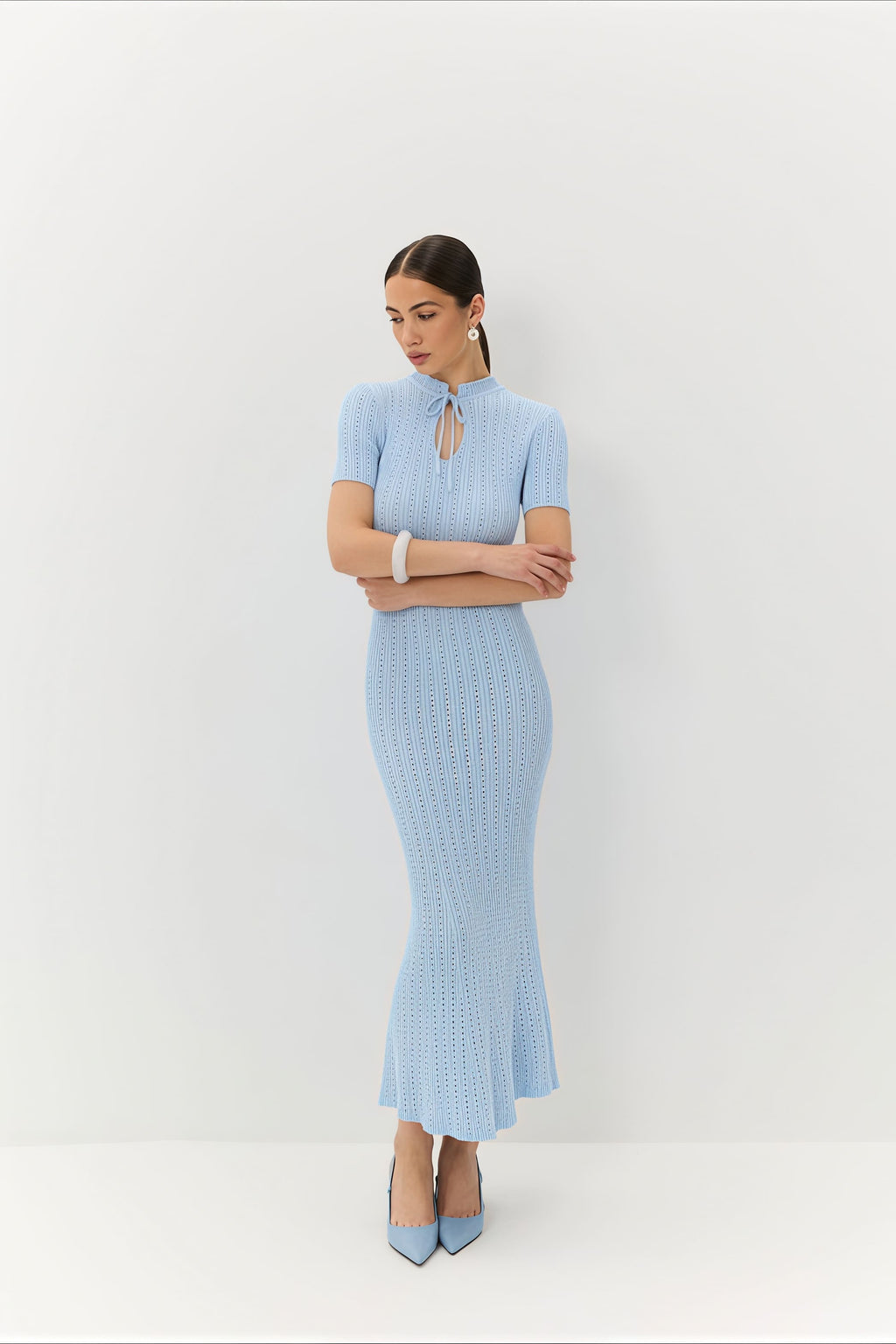 Candy Color Round Neck Short Sleeve Bodycon Knitted Maxi Dress image 10