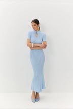 Candy Color Round Neck Short Sleeve Bodycon Knitted Maxi Dress image 10