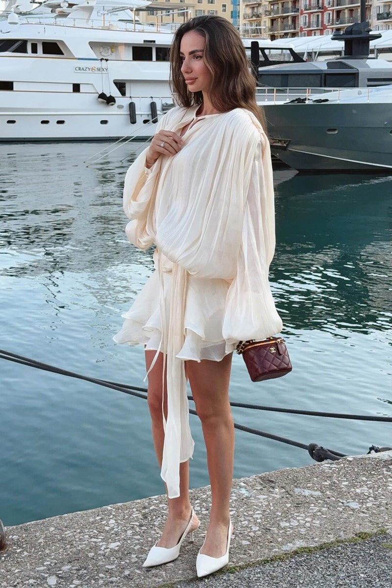 Chiffon Lantern Sleeve Tie Ruffle Mini Dress image 3