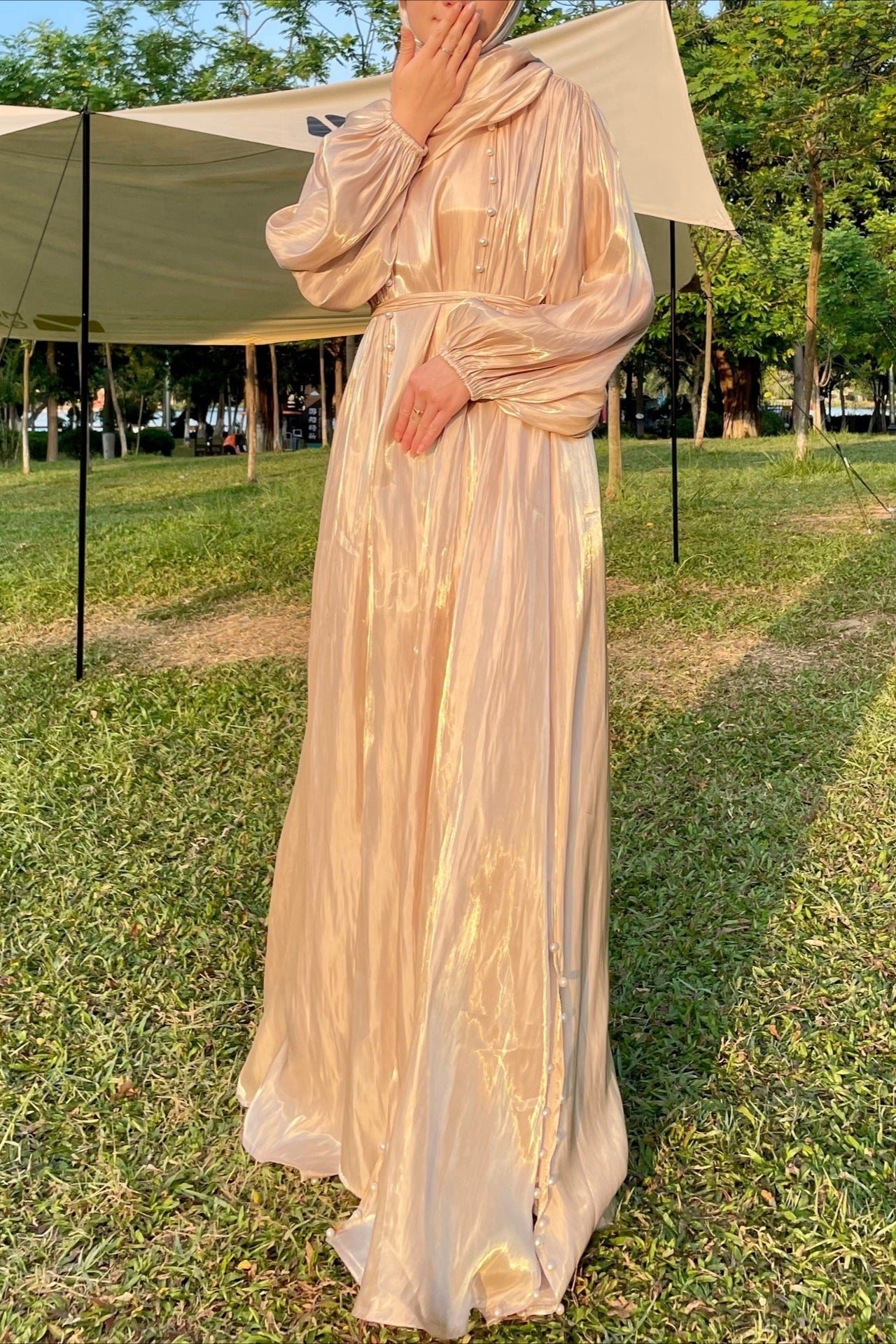 Shimmer Tulle Inner Skirt Outer Skirt Headscarf Three Piece Prom Dress image 9