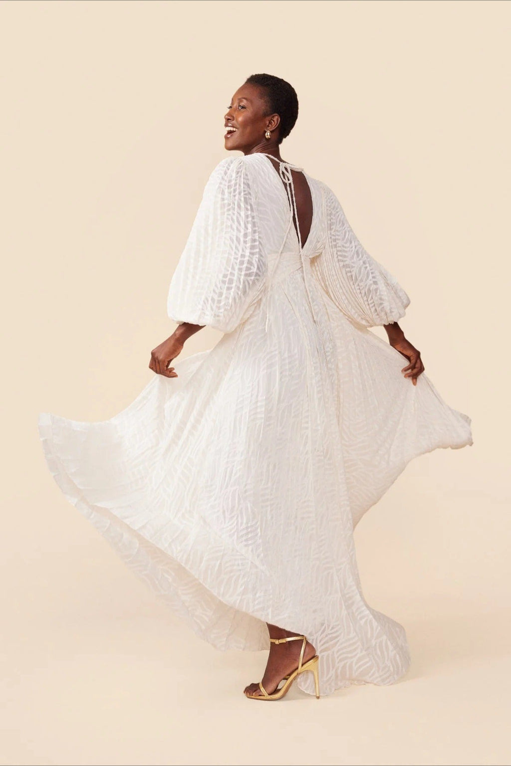 Full Flare Jacquard Ruched Puff Sleeve Backless Tie Maxi Dress image 5