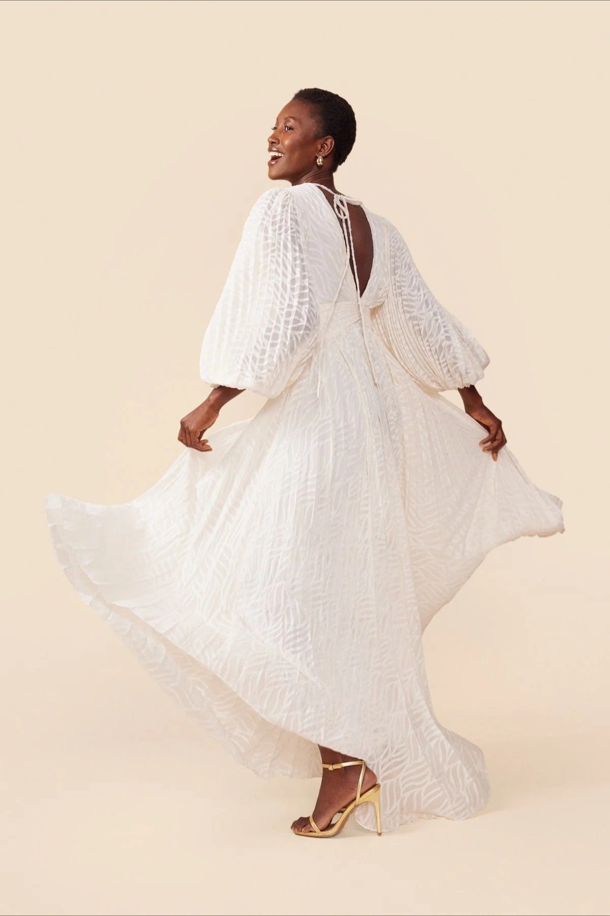 Full Flare Jacquard Ruched Puff Sleeve Backless Tie Maxi Dress image 5