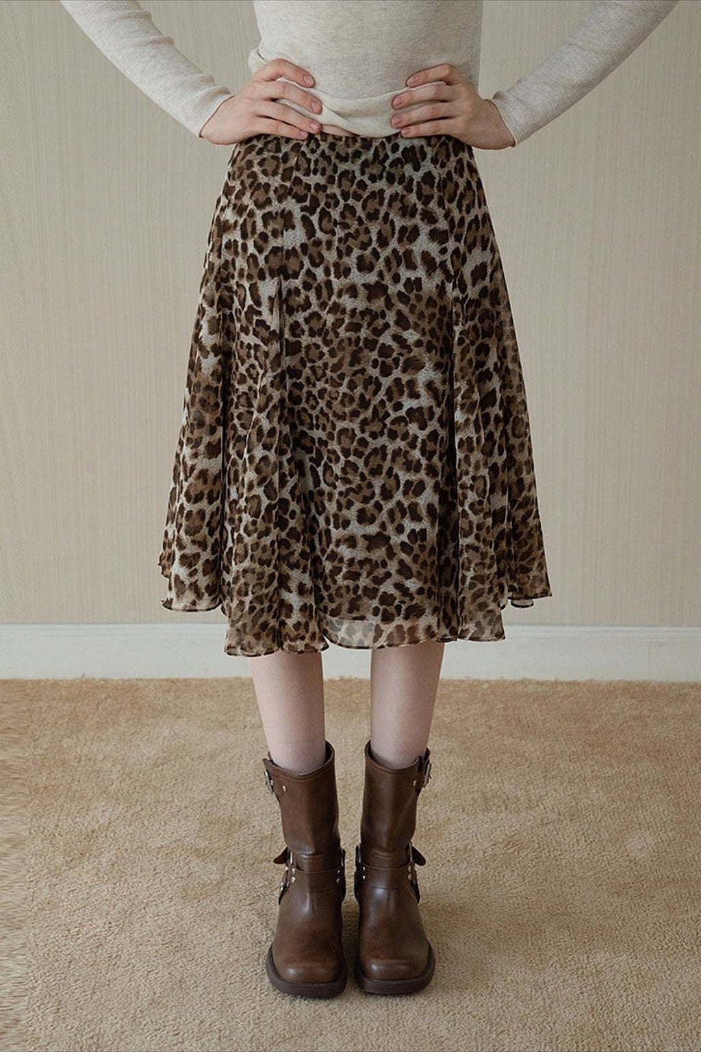 Leopard Draped Ruffled A Line Midi Skirt image 3