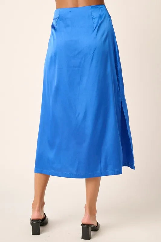 Rhea Satin Skirt detail view styled for Avrienne