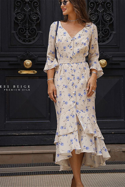 Asymmetric Ruffled Sleeve High Waist Floral Dress image 2