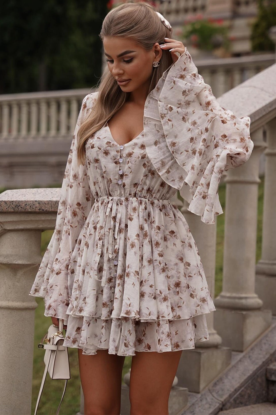 French Floral V-Neck Ruffled Mini Dress image 2