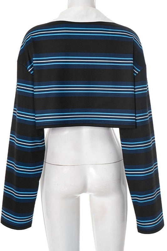 Stripe Polo Collar Crop Long Sleeve T-shirt image 6