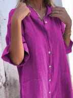 Marseille Linen Shirt Dress detail view styled for Avrienne