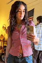 Preppy Plaid Button Down Collar Slim Blouse image 3