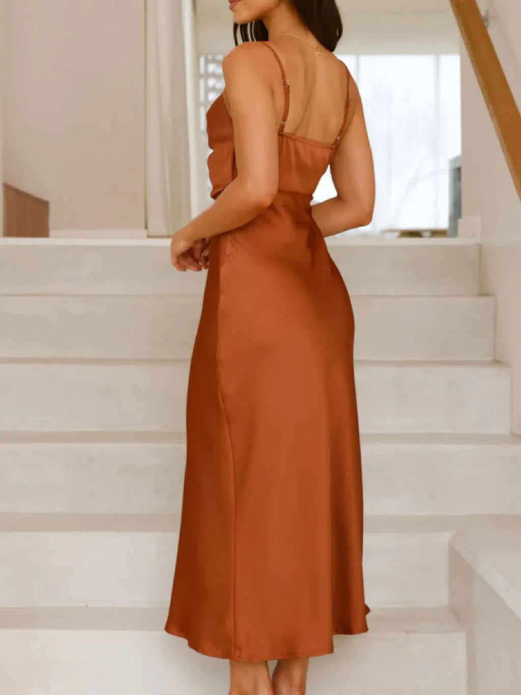Willa Satin Dress detail view styled for Avrienne