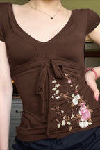 Vintage Floral Embroidery Tie Waist V Neck T-shirt image 3