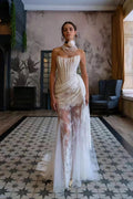 Lace Boned Bandeau High Slit Asymmetrical Reception Dress image 1