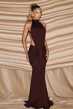 Chic Halter Ruched Open Back Elegant Gown Maxi Dress image 3