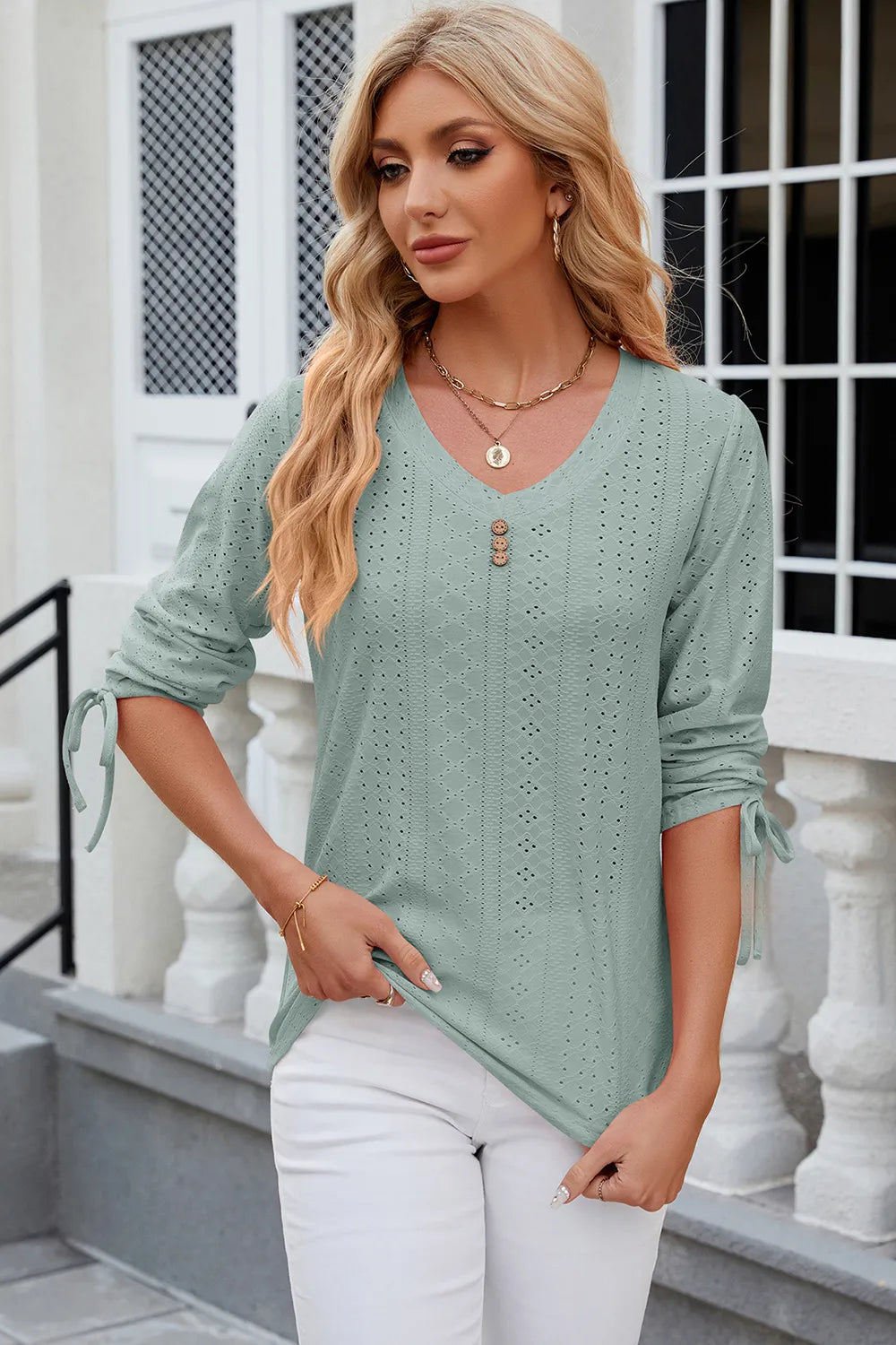 Petra Eyelet Top detail view styled for Avrienne