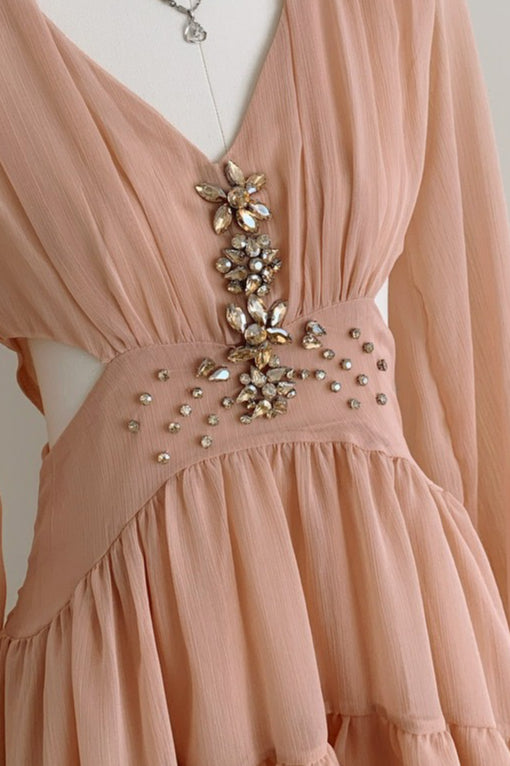 Elegant Deep V Cut Out Waist Rhinestone Chiffon Mini Dress image 7