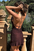 Lace Ruched Halter Backless Vacation Dress image 2