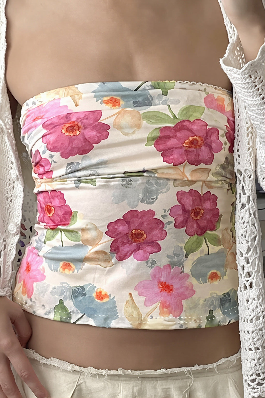 Color Block Floral Slim Strapless Blouse image 3