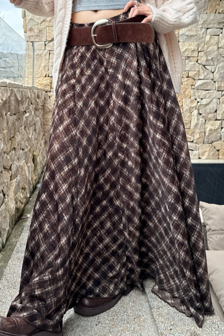 Plaid Vintage Earthy Tones High Waist Flowy Midi Skirt image 3