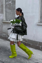 Zip Up Green Leather Moto Jacket image 5