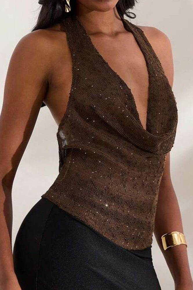 Glitter Solid Sheer Draped Halter Top image 1