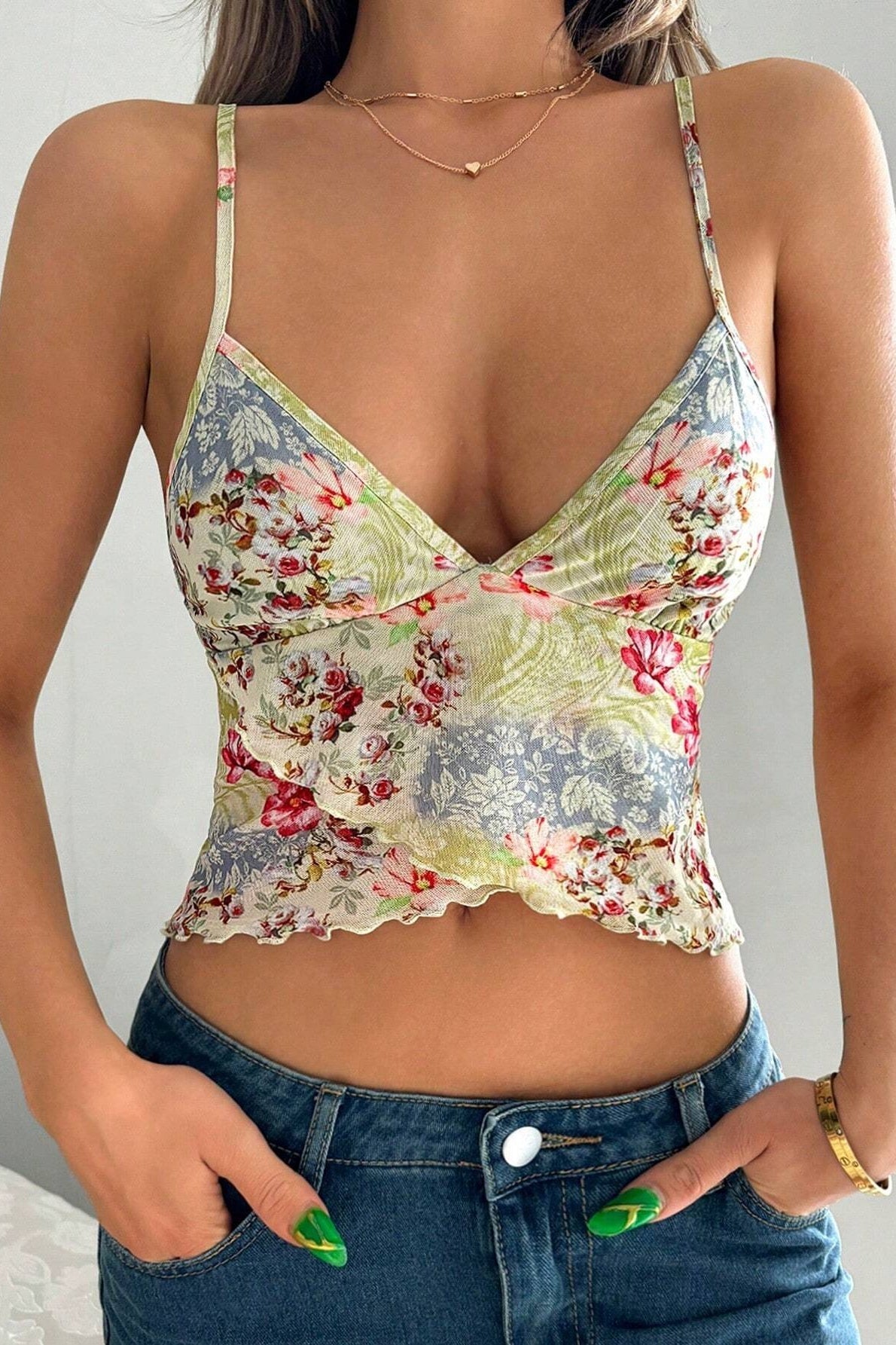 Sexy Floral Print Ruffle Slit Cami Top image 1