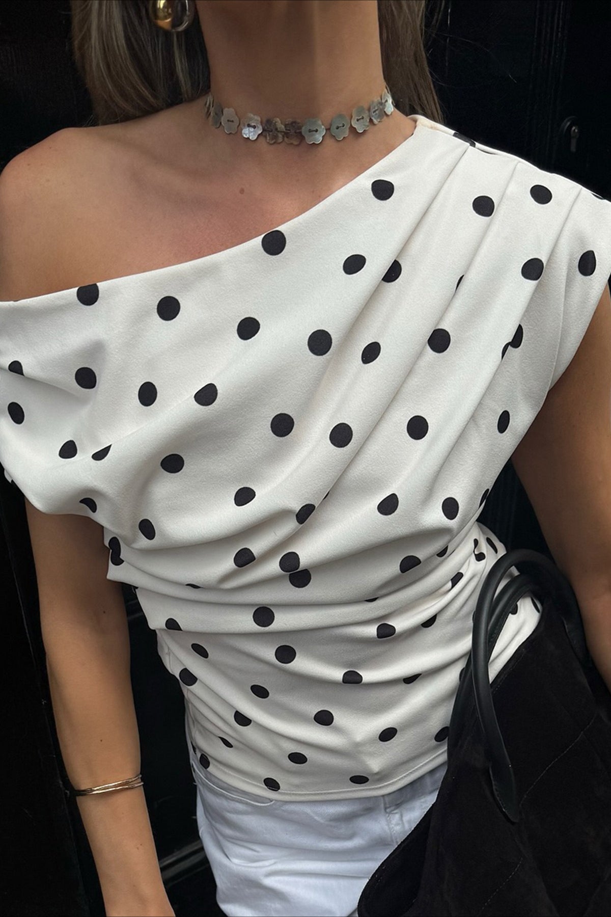 Retro Polka Dot One Shoulder Blouse image 2