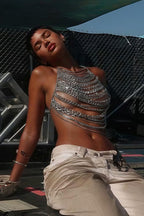 Stylish Metal Chain Halter Backless Cutout Cami Top image 3