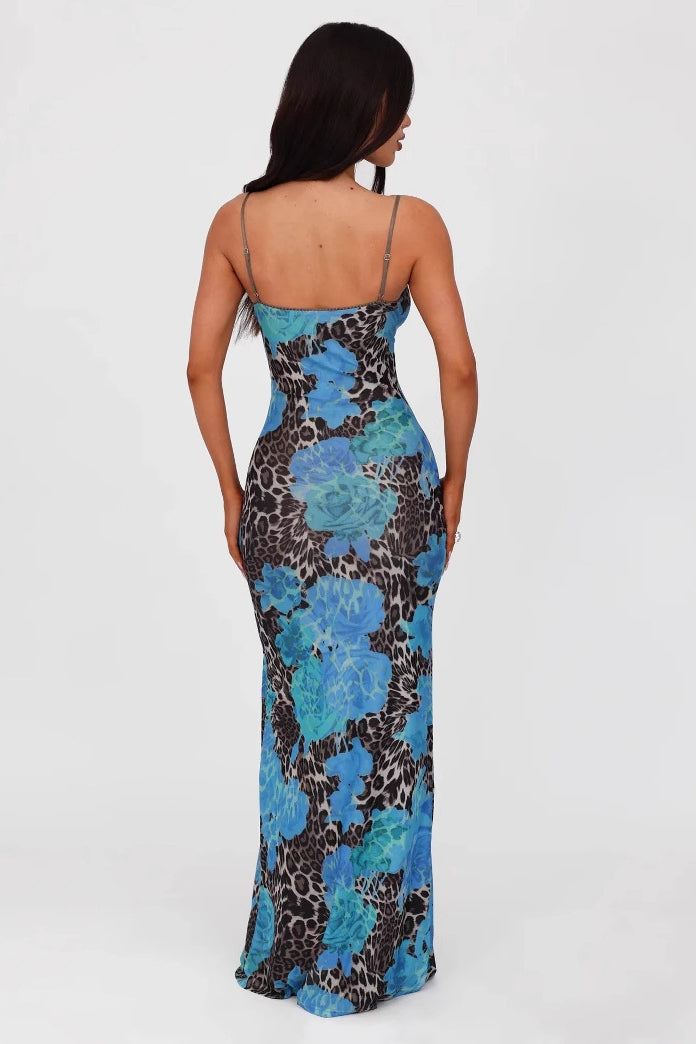 V Neck Printed Colorblock Backless Maxi Dress image 5