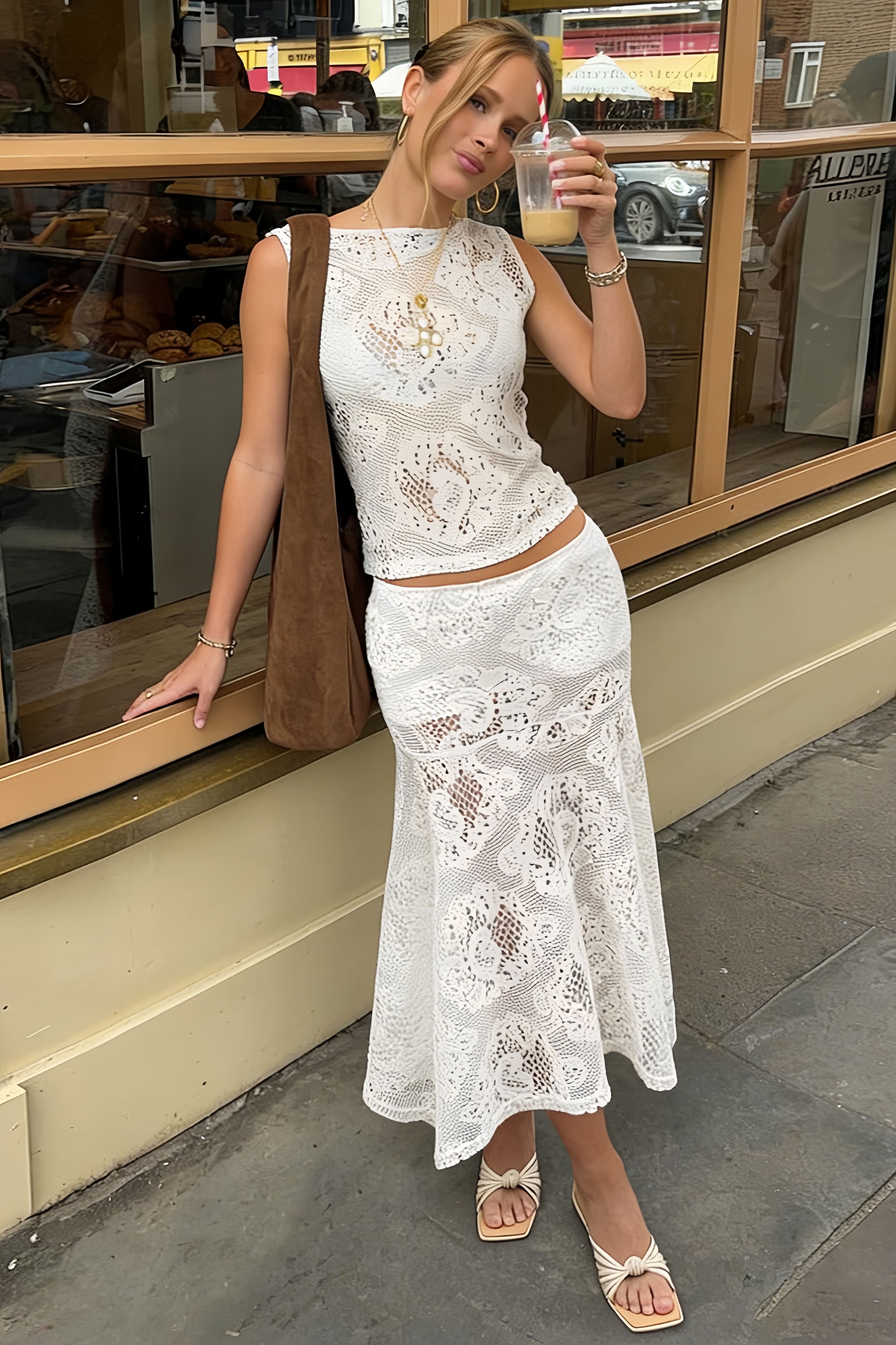 Lace Spliced Hollow Out A Line Skirt image 4