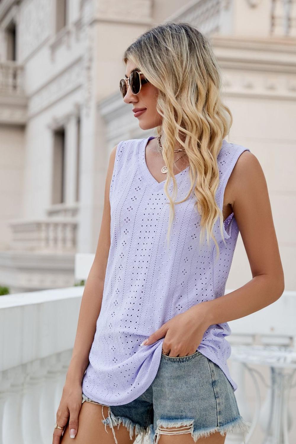 Gia Eyelet Tank detail view styled for Avrienne